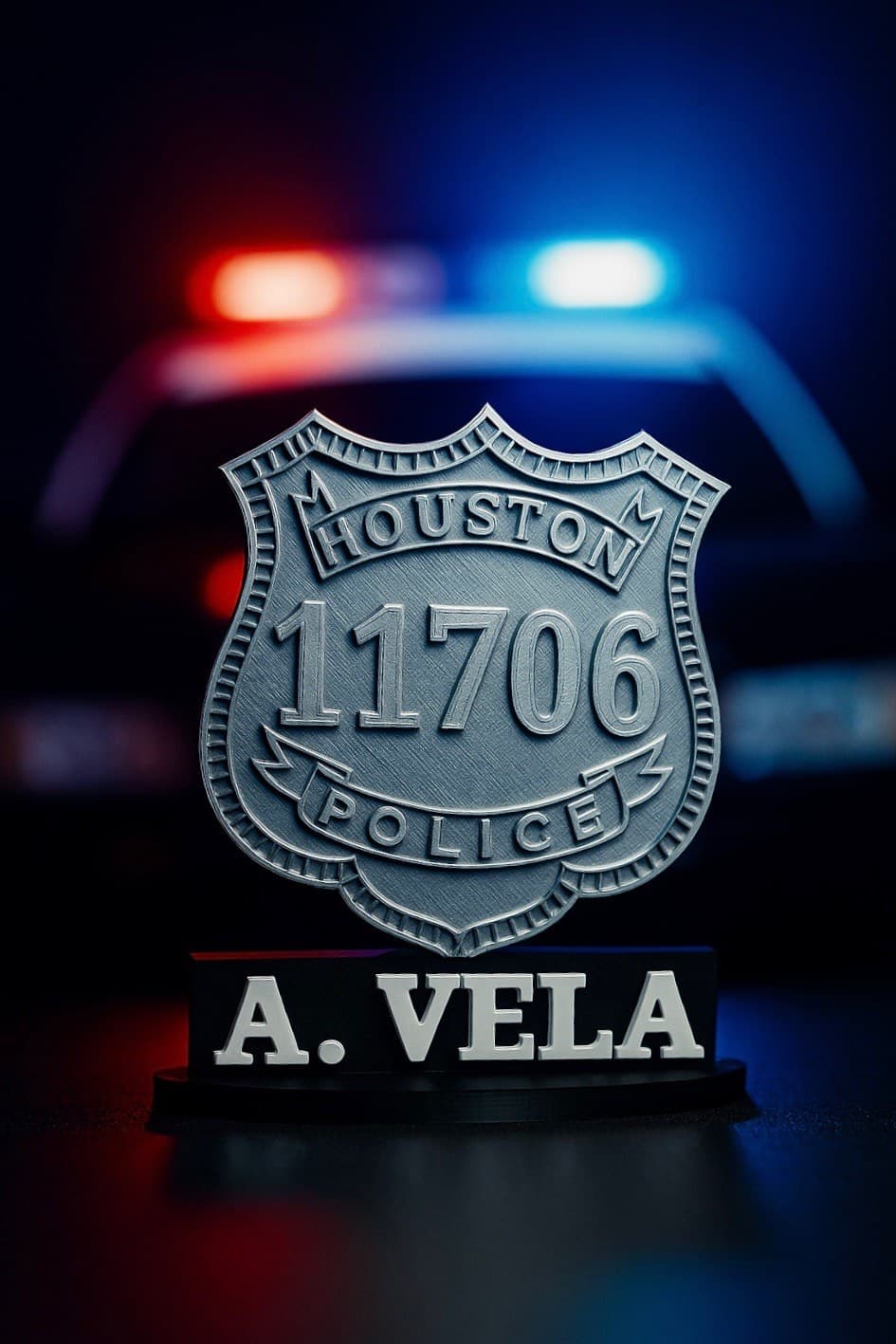 Custom 3D printed police badge replica standing on a name plate